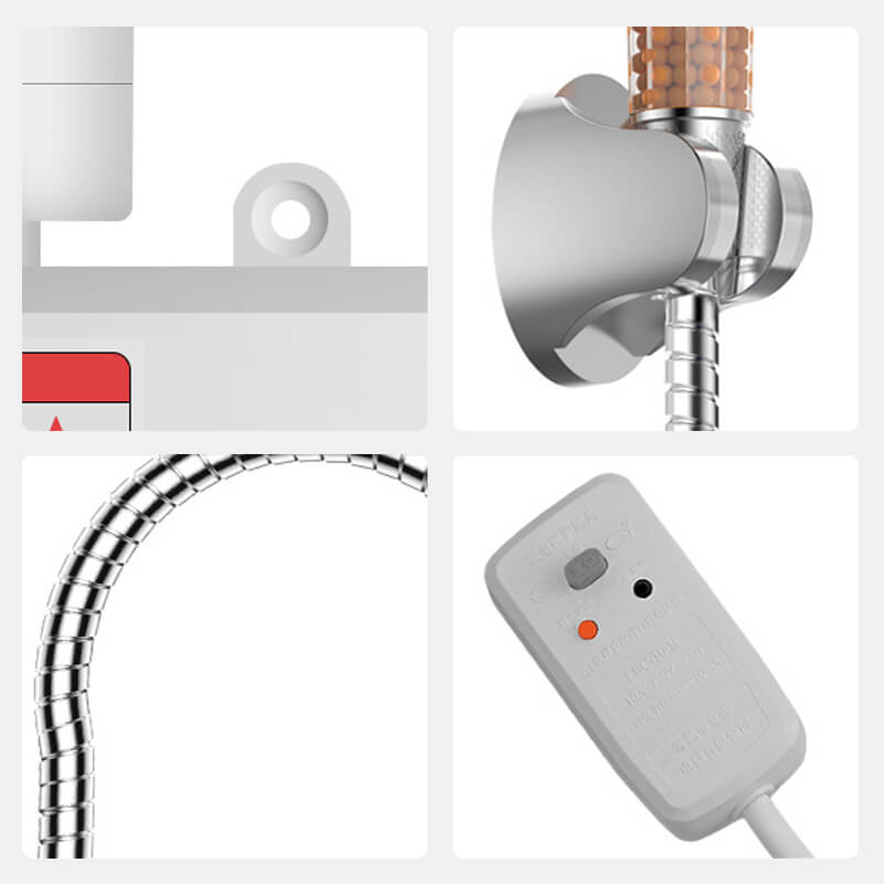 Fitlybuy tankless water heater components: white wall-mounted unit, metallic shower hose, bracket, and safety power plug.