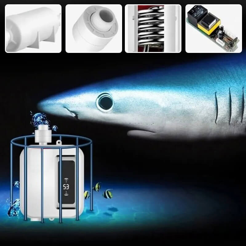 Fitlybuy white tankless electric water heater with digital display, shown in an underwater shark cage graphic.