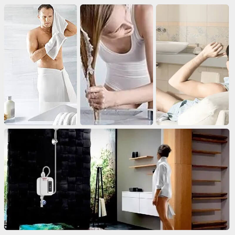 Fitlybuy white tankless electric water heater installed in a modern bathroom, showing people using hot water.