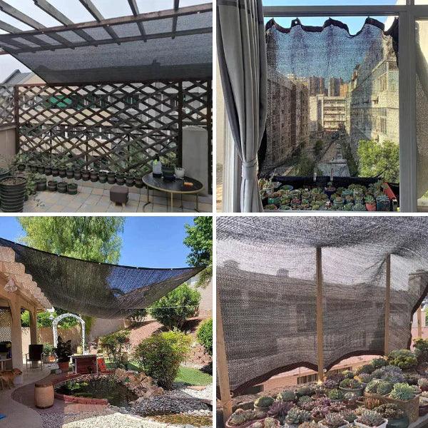 Fitlybuy black UV shade net panels installed over patios and balconies to protect plants and provide sun relief.