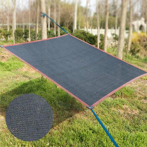 Fitlybuy black UV shade net with reinforced red edges, suspended outdoors, featuring a detailed material close-up.