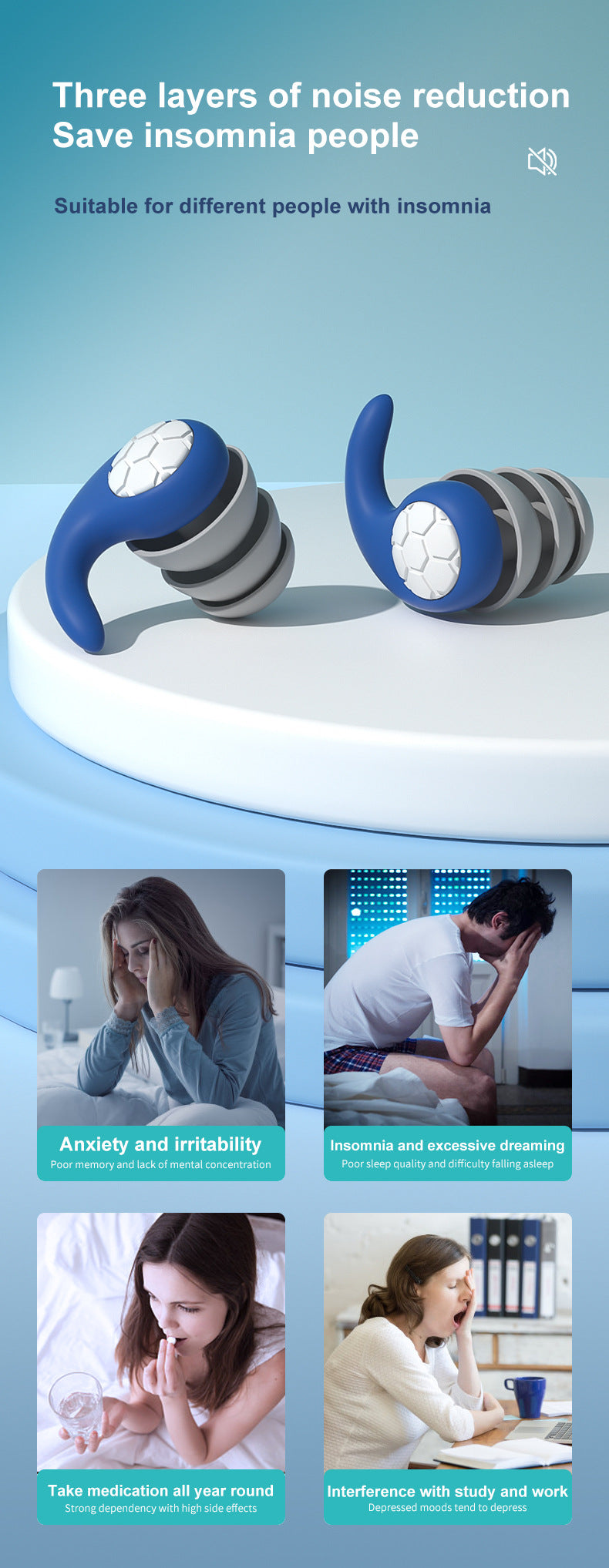 Fitlybuy blue and grey noise-canceling sleep earplugs on a pedestal, showing images of people struggling with insomnia.