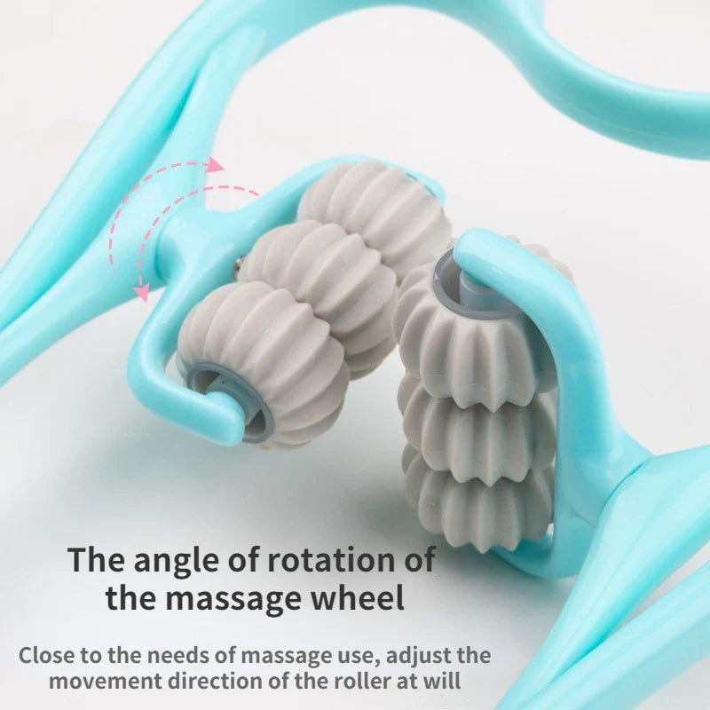 Light blue Fitlybuy neck massager with grey rotating textured rollers, featuring an adjustable angle design.