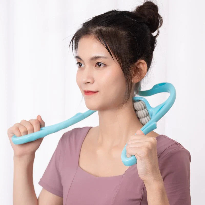 Woman using a blue Fitlybuy handheld neck massager with dual rolling therapy spheres for targeted muscle relief.