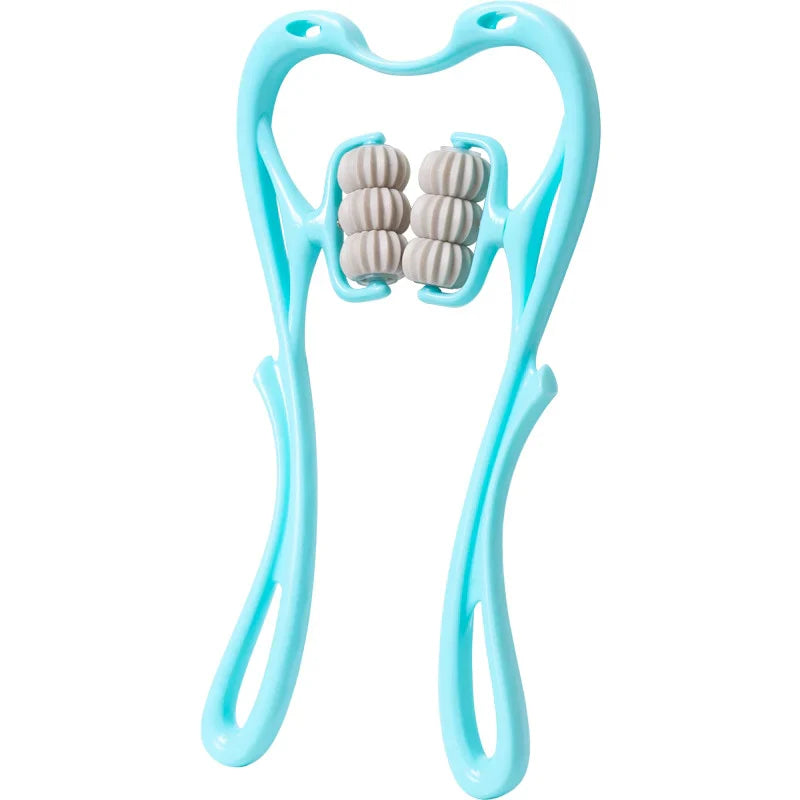 Light blue, manual neck massager tool with two grey, textured rolling spheres for tension relief. Isolated on white.