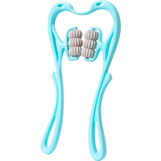 Light blue, manual neck massager tool with two grey, textured rolling spheres for tension relief. Isolated on white.