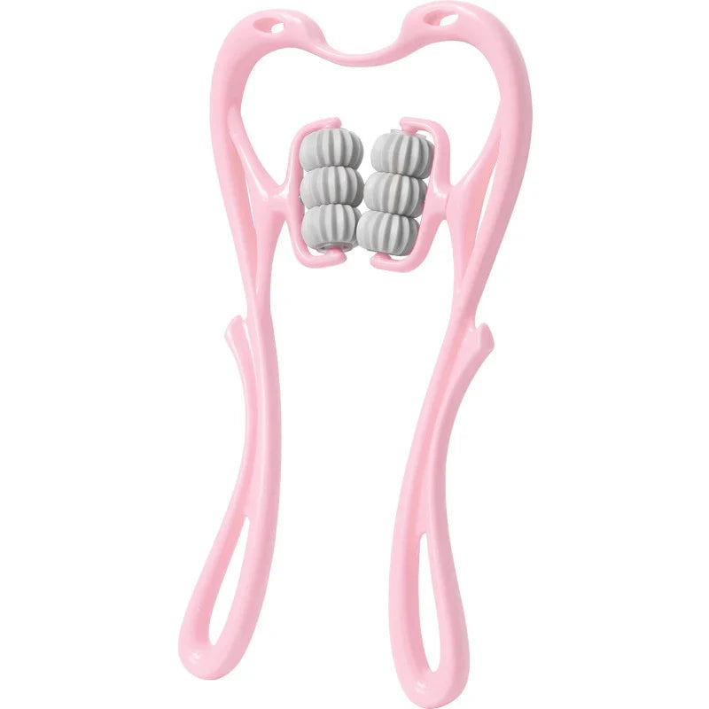 Pink Fitlybuy handheld neck massager with two grey rolling massage balls for soothing relief on a plain white background.