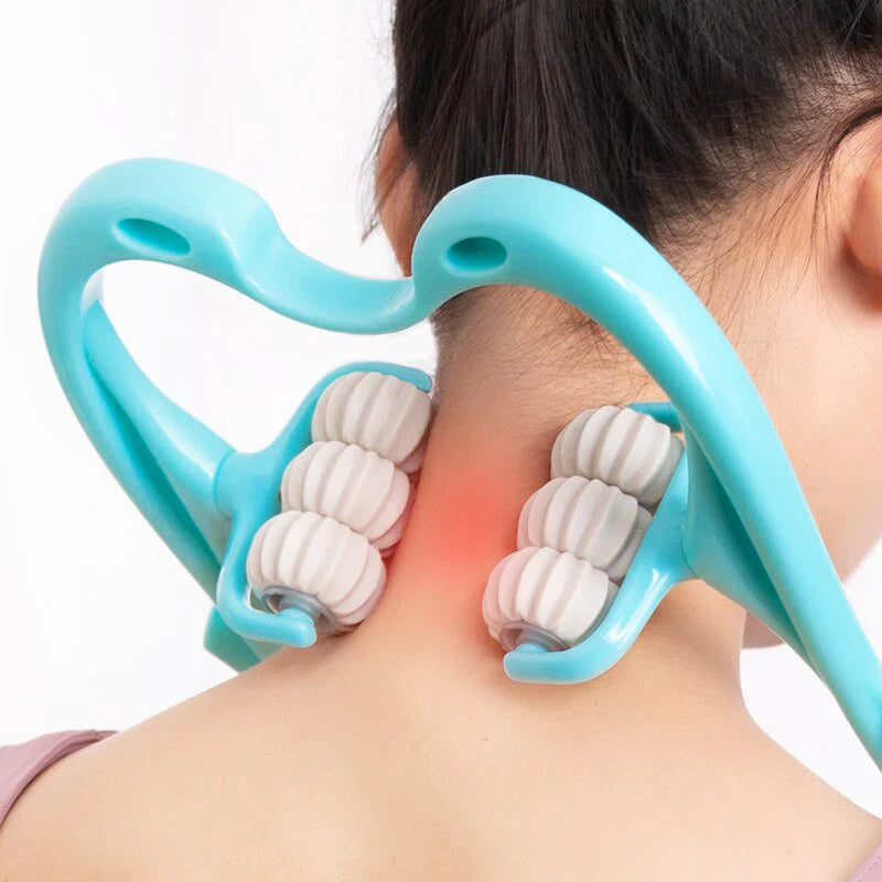 Blue Fitlybuy manual neck massager with white rollers, positioned on a person's neck to demonstrate therapy.