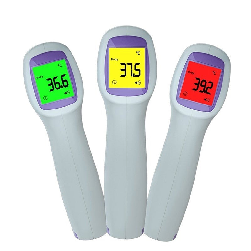 Three white, handheld infrared thermometers showing body temp in green, yellow, and red backlit LCD screens.