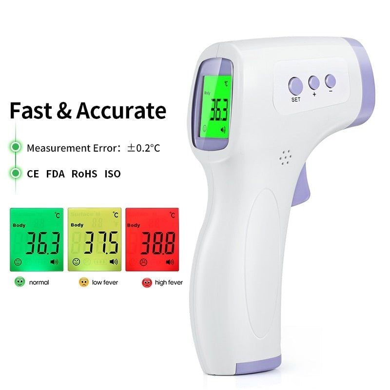 Fitlybuy non-contact infrared thermometer with white body, purple trigger, and color-coded digital fever alert display.