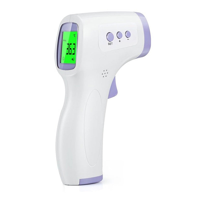 White and lavender non-contact infrared thermometer with digital screen showing green backlight temperature reading.