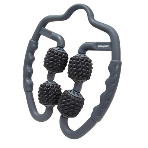 Grey U-shaped massage roller with four textured, black trigger point balls and ergonomic handles for pressure relief.