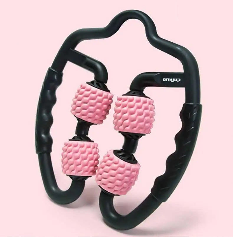 Fitlybuy U-shape massage roller with black ergonomic handles and four textured pink trigger point massage wheels.