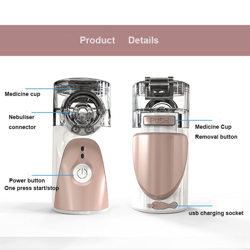 Fitlybuy rose gold and white portable mesh nebulizer showing medicine cup, power button, and USB charging port details.