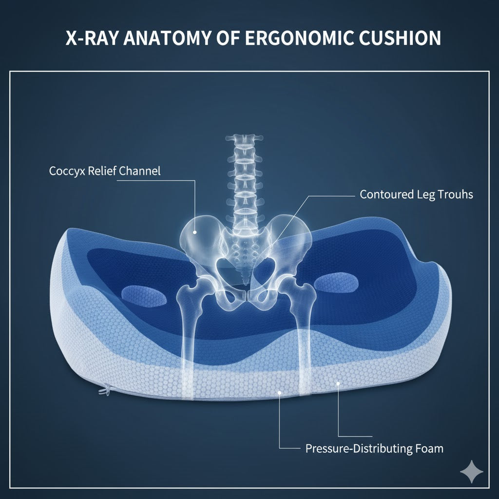 Anatomy diagram of a blue Fitlybuy ergonomic sciatica cushion with coccyx relief and leg contours shown via X-ray.