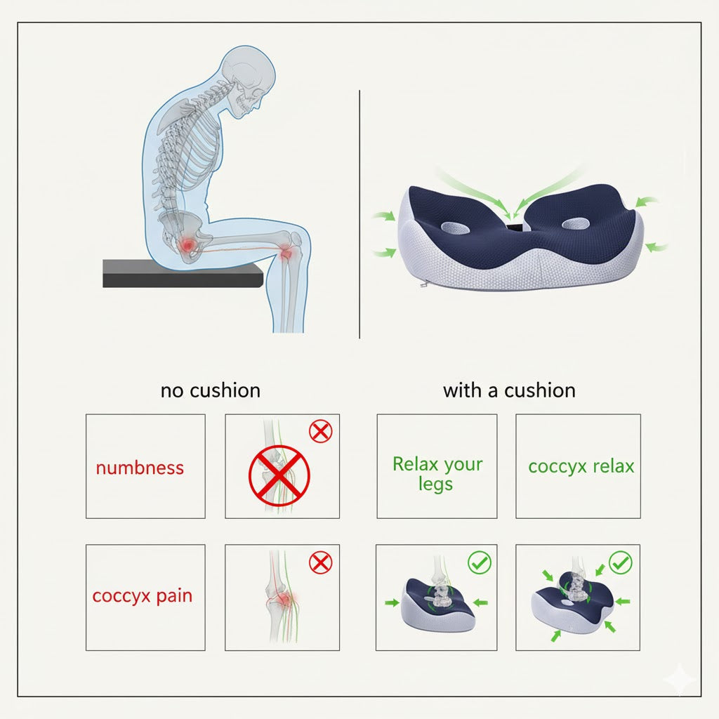 Fitlybuy sciatica cushion comparison chart showing spinal relief, ergonomic blue-and-white design, and pain reduction.