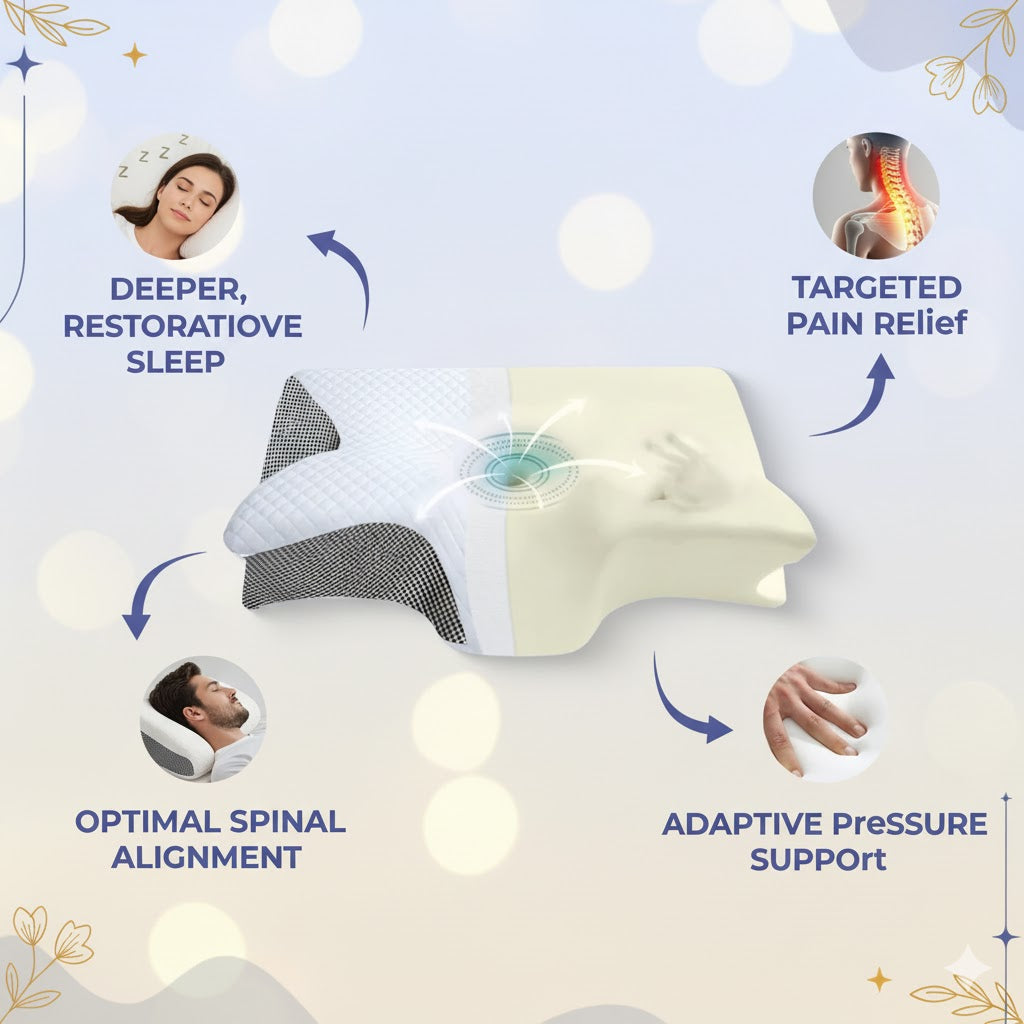 Fitlybuy butterfly-shaped ergonomic memory foam pillow for neck pain relief, highlighting support and spinal alignment.