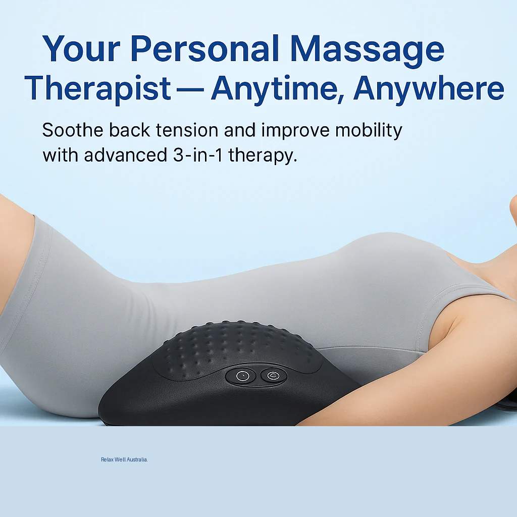 Fitlybuy wireless lumbar massager in black with textured surface, used by a person for back tension relief.