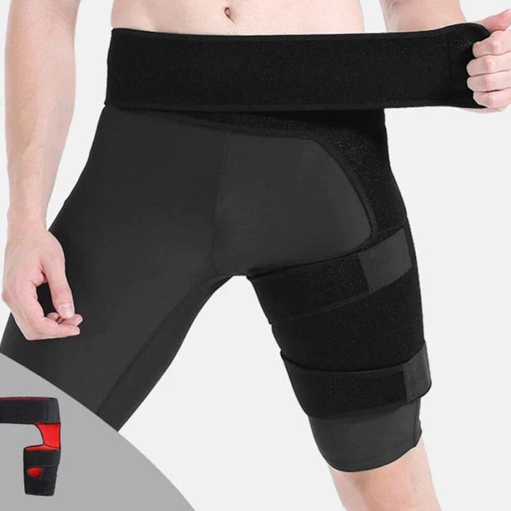 Fitlybuy black hip and thigh compression sleeve with adjustable SupportFlex straps on a person's upper leg.