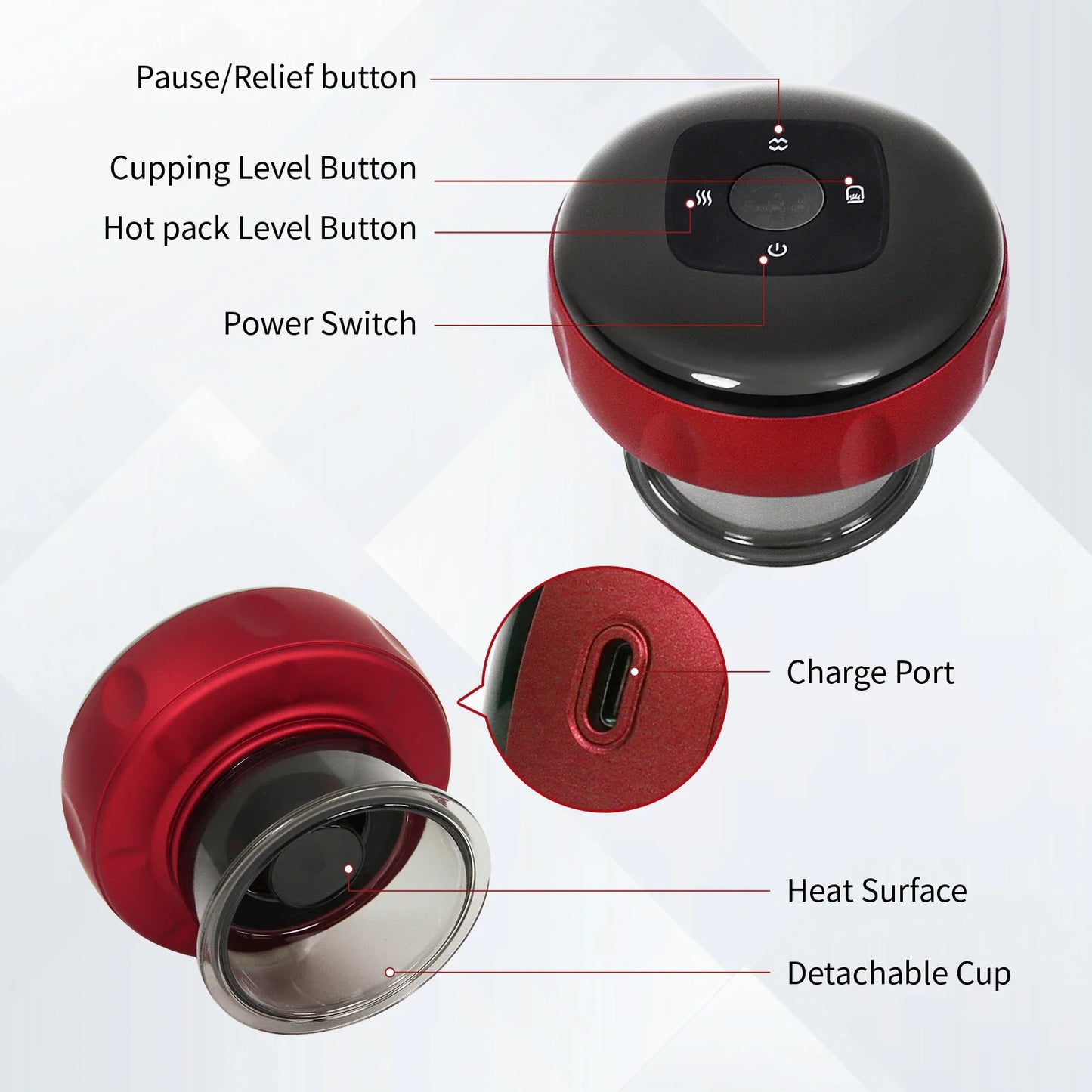 Fitlybuy red electric vacuum cupping massager showing control buttons, charging port, heat surface, and detachable cup.