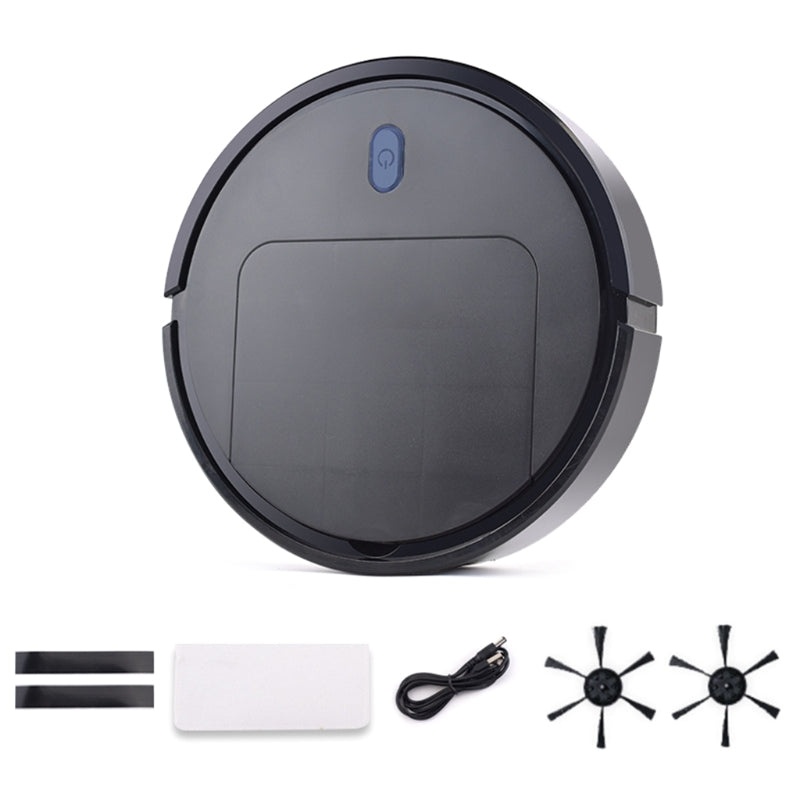 Fitlybuy AutoSweep black robot vacuum with power button, charging cable, side brushes, and cleaning pad on white.