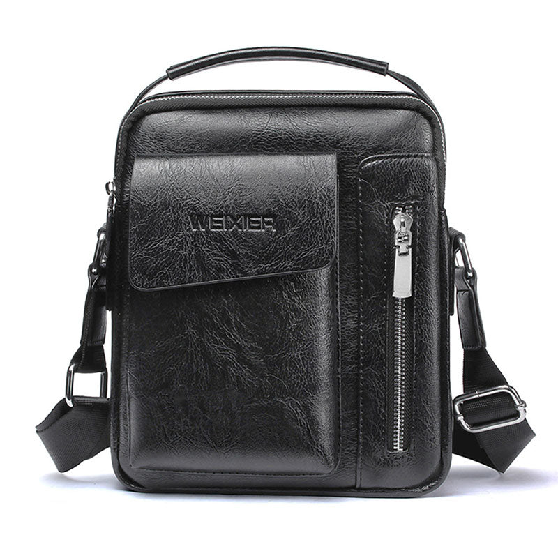 Black Fitlybuy luxury PU leather shoulder bag for men with a top handle, front pocket, and adjustable crossbody strap.