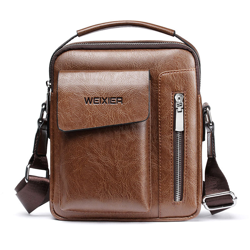 Brown PU leather men's shoulder bag with Weixier branding, a top handle, zippered compartments, and crossbody strap.