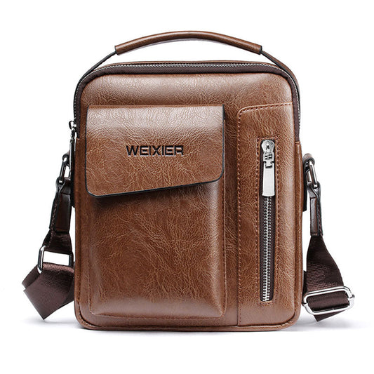 Brown PU leather men's shoulder bag with Weixier branding, a top handle, zippered compartments, and crossbody strap.