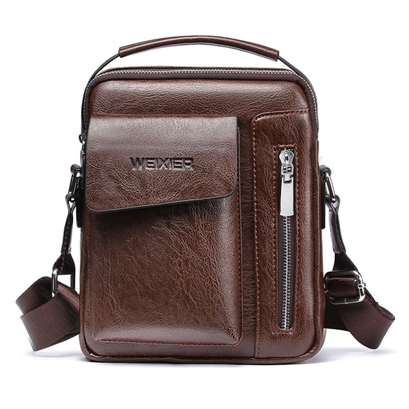 Brown premium PU leather shoulder bag for men with handle, zippered pockets, and adjustable crossbody strap.