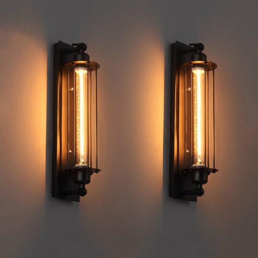 Two Fitlybuy vintage wall-mounted LED lights with matte black frames and warm glowing tubular filament bulbs.
