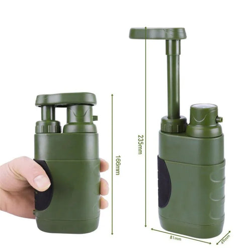 Olive green portable Fitlybuy survival water filter with manual pump, 3000L capacity, shown with scale dimensions.