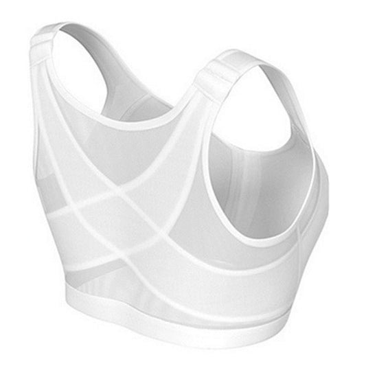 Fitlybuy white wireless PostureLift bra featuring crisscross structural support straps and wide comfort bands.