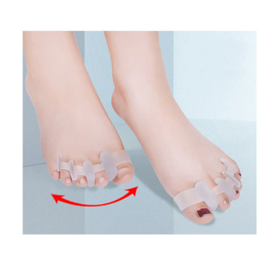 Fitlybuy transparent silicone toe separators worn on feet for posture correction with a red motion arrow.