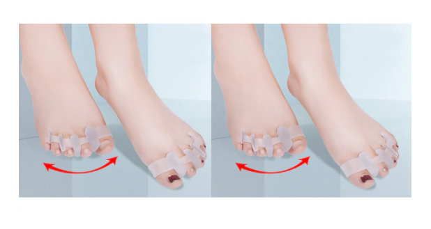 Fitlybuy clear, flexible silicone toe separators worn on feet to improve alignment, shown with red motion arrows.