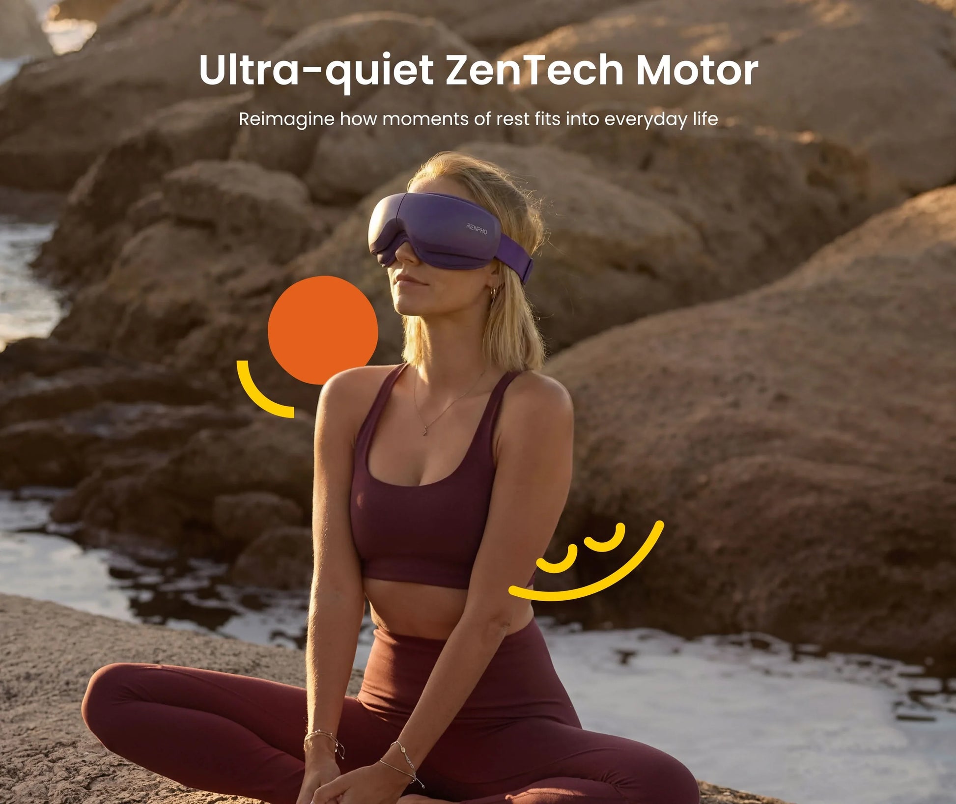 Woman wearing a purple RENPHO Eyeris Zen eye massager, meditating on rocks by the water with zen graphic overlays.