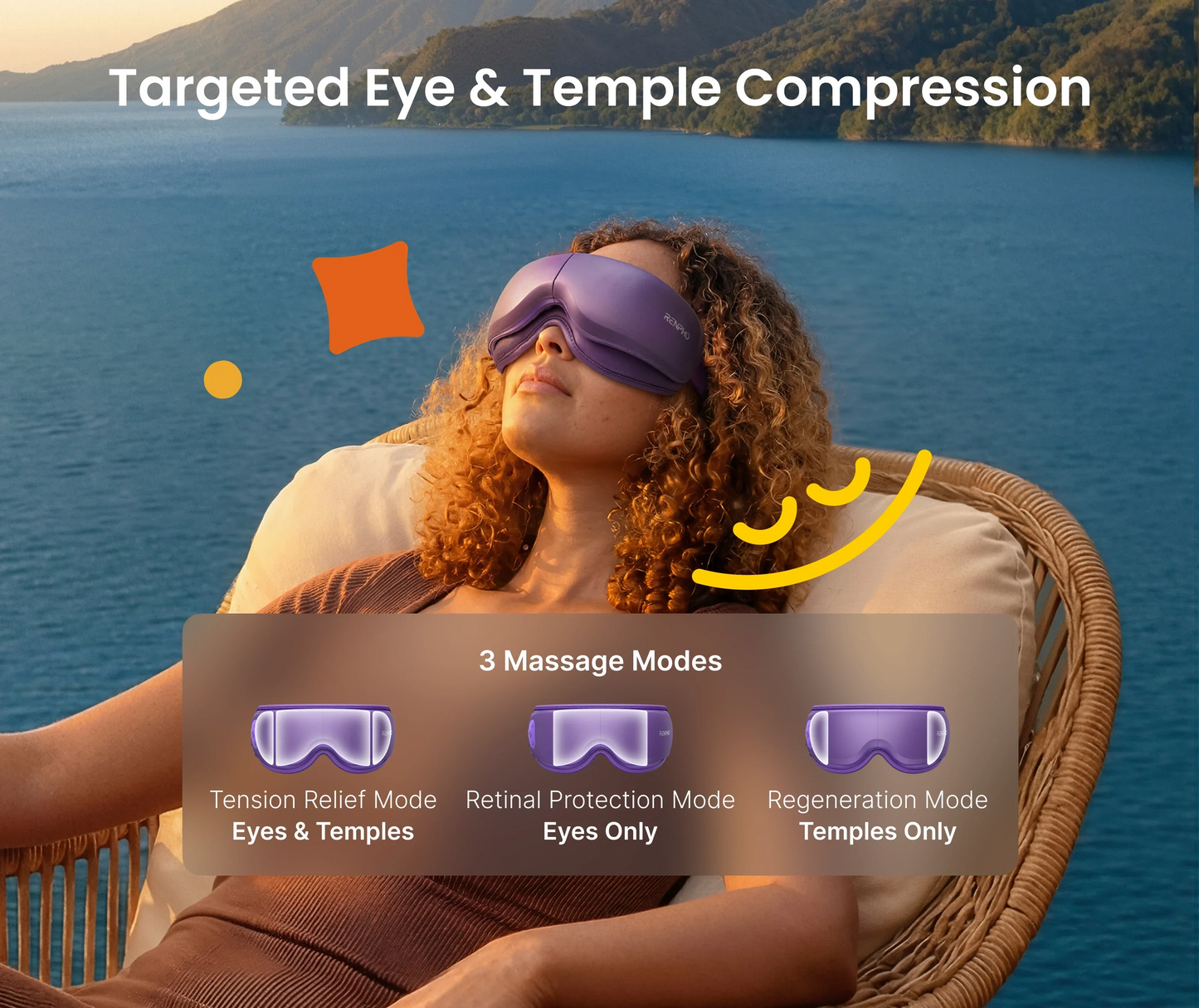 Woman wearing a purple RENPHO x Headspace Eyeris Zen eye massager, relaxing outdoors by water with 3 mode descriptions.