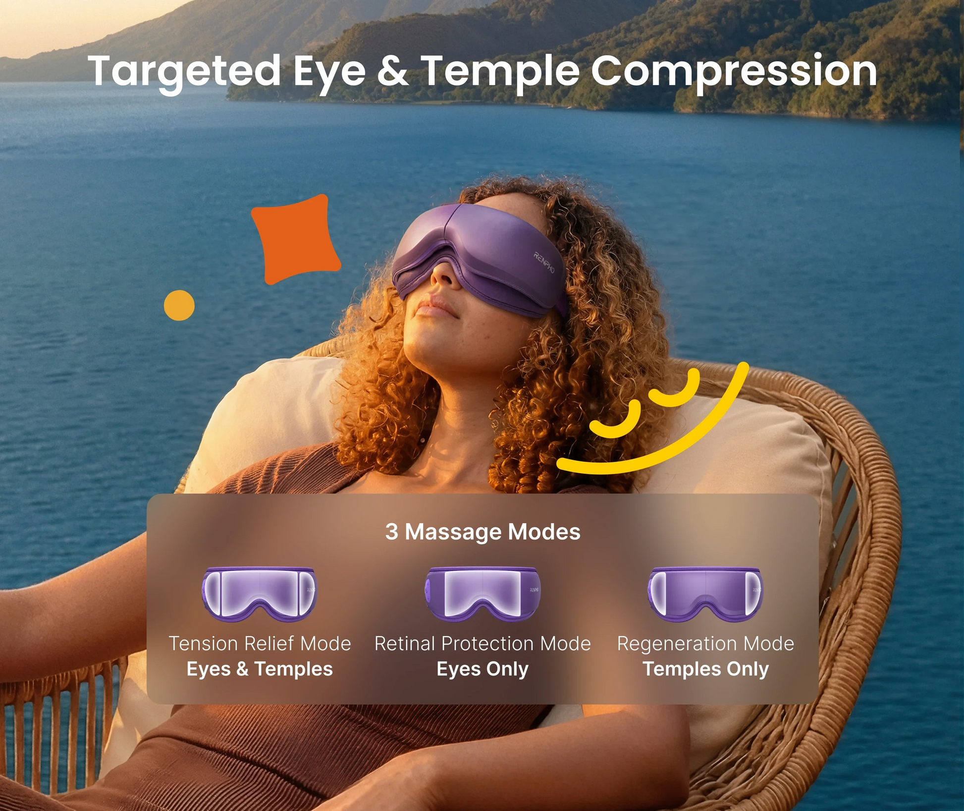 Woman wearing a purple RENPHO x Headspace Eyeris Zen eye massager, relaxing outdoors by water with 3 mode descriptions.