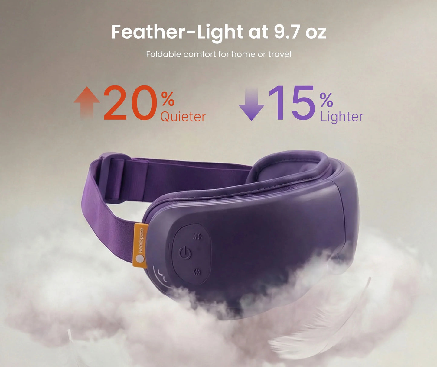 Purple RENPHO x Headspace Eyeris Zen eye massager, lightweight and foldable, displayed with performance improvement stats.