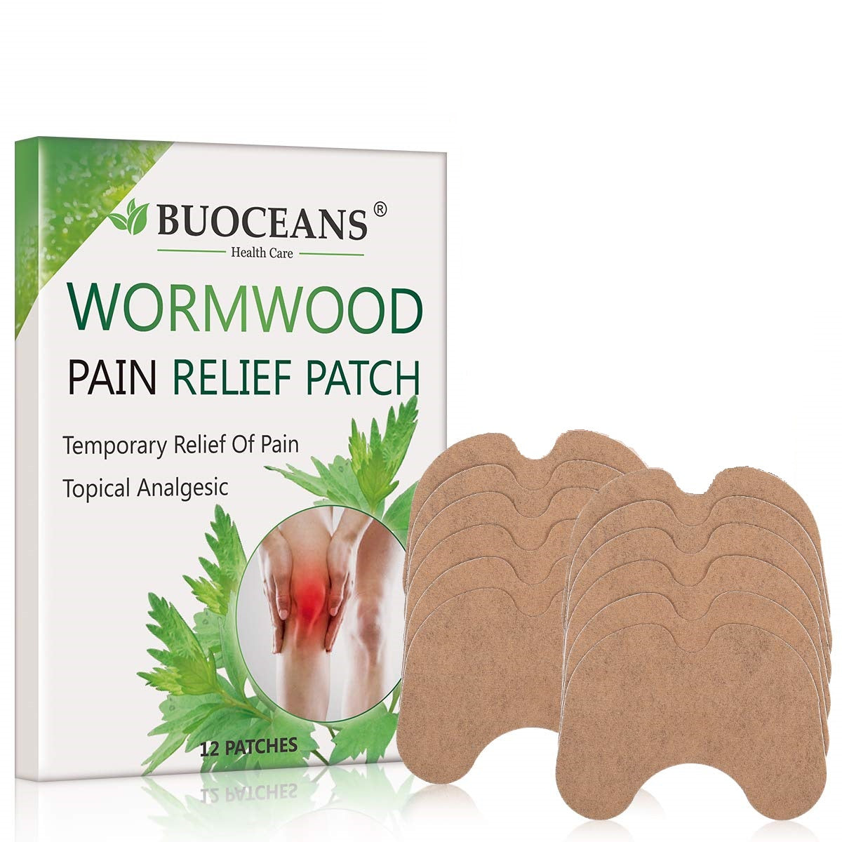 Fitlybuy Wormwood Pain Relief Patches: Box with knee graphic and 12 beige, contoured herbal adhesive patches.