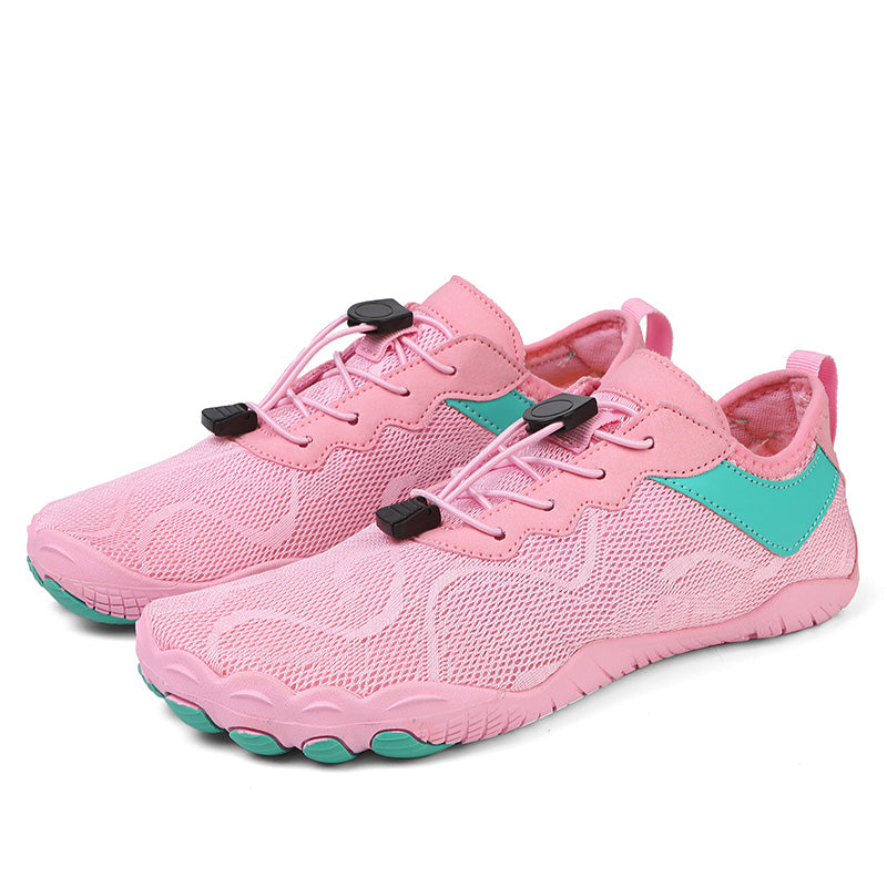 Pink and teal Fitlybuy AquaStep quick-dry barefoot shoes with toggle lacing and non-slip UltraGrip rubber soles.