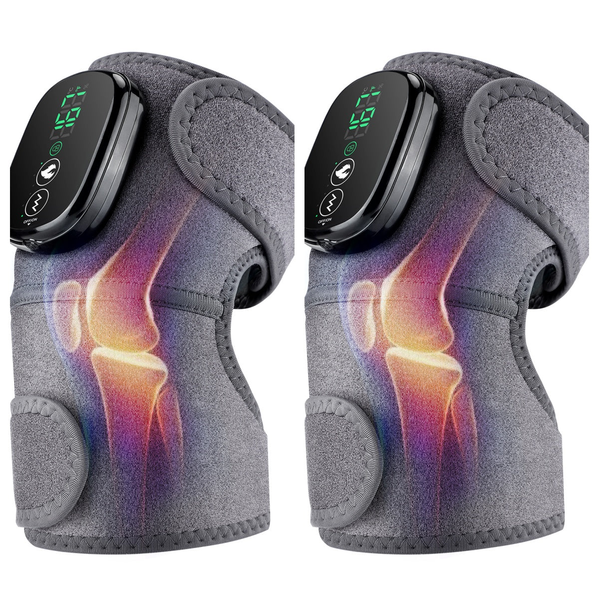 Fitlybuy gray 3-in-1 thermal knee massager with digital heat control display and graphic of glowing knee joint anatomy.