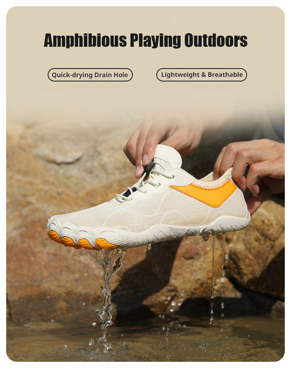Fitlybuy AquaStep beige and orange water shoe draining water; features lightweight, quick-dry fabric and non-slip sole.