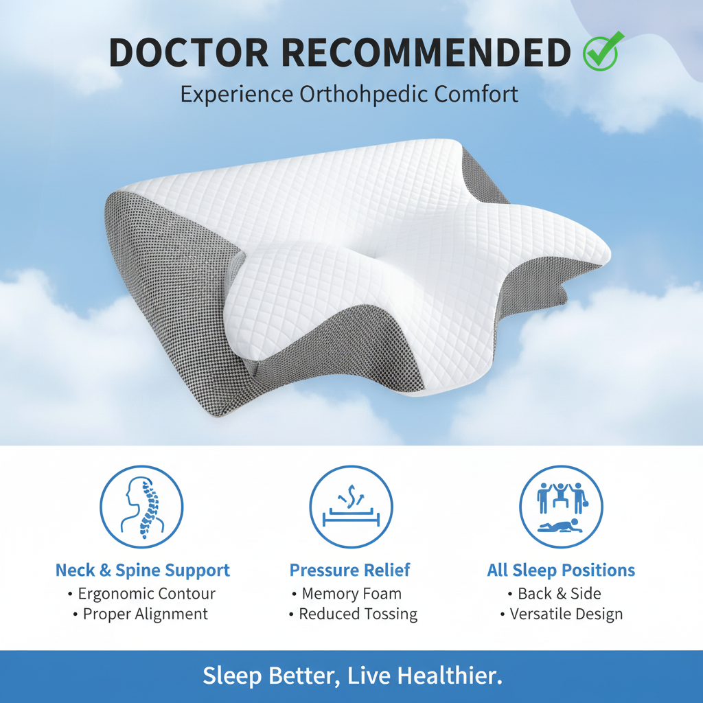 Fitlybuy white and grey ergonomic butterfly neck pillow for orthopedic support and pressure relief in all sleep positions.
