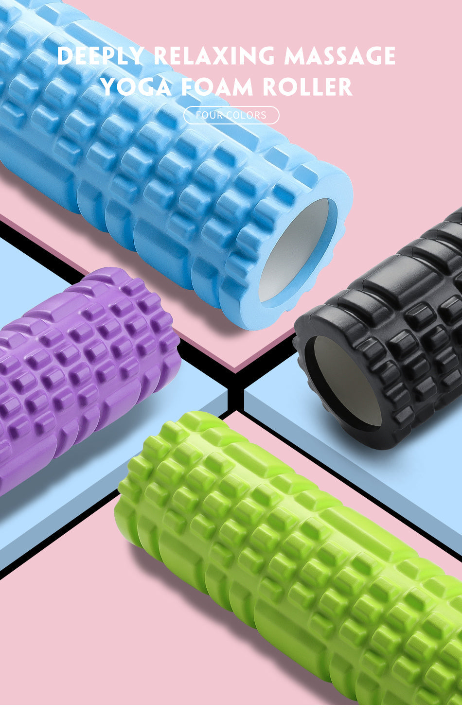 Fitlybuy Yoga Foam Rollers in blue, black, purple, and green with textured grid patterns for deep tissue massage.