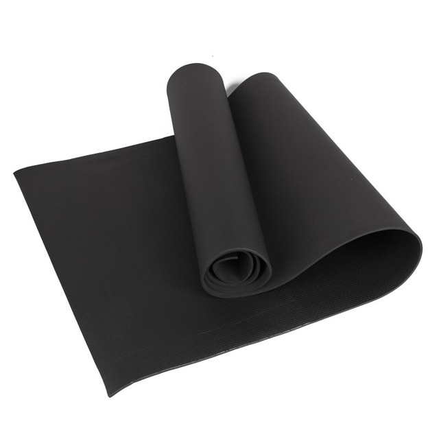 Fitlybuy 6mm black yoga mat with textured EcoGrip non-slip surface, partially unrolled on a white background.
