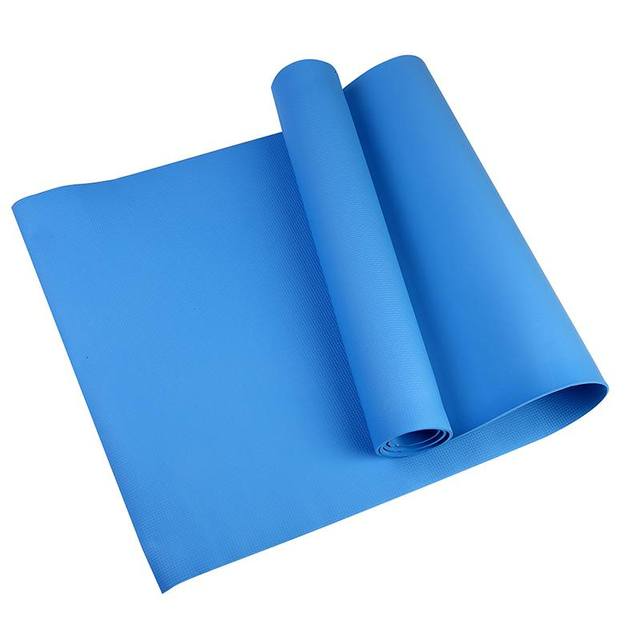 Fitlybuy 6mm blue yoga mat with textured EcoGrip non-slip surface, shown partially rolled on a white background.