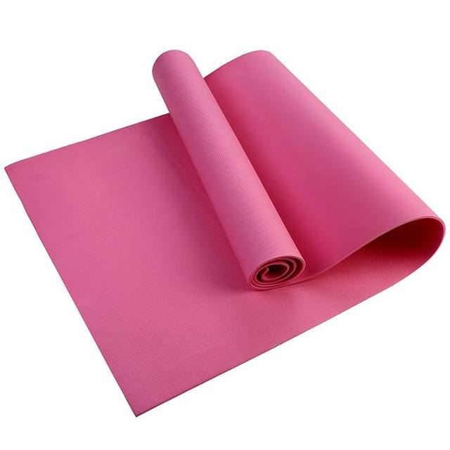 Pink Fitlybuy 6mm yoga mat with textured EcoGrip non-slip surface, partially rolled on a white background.