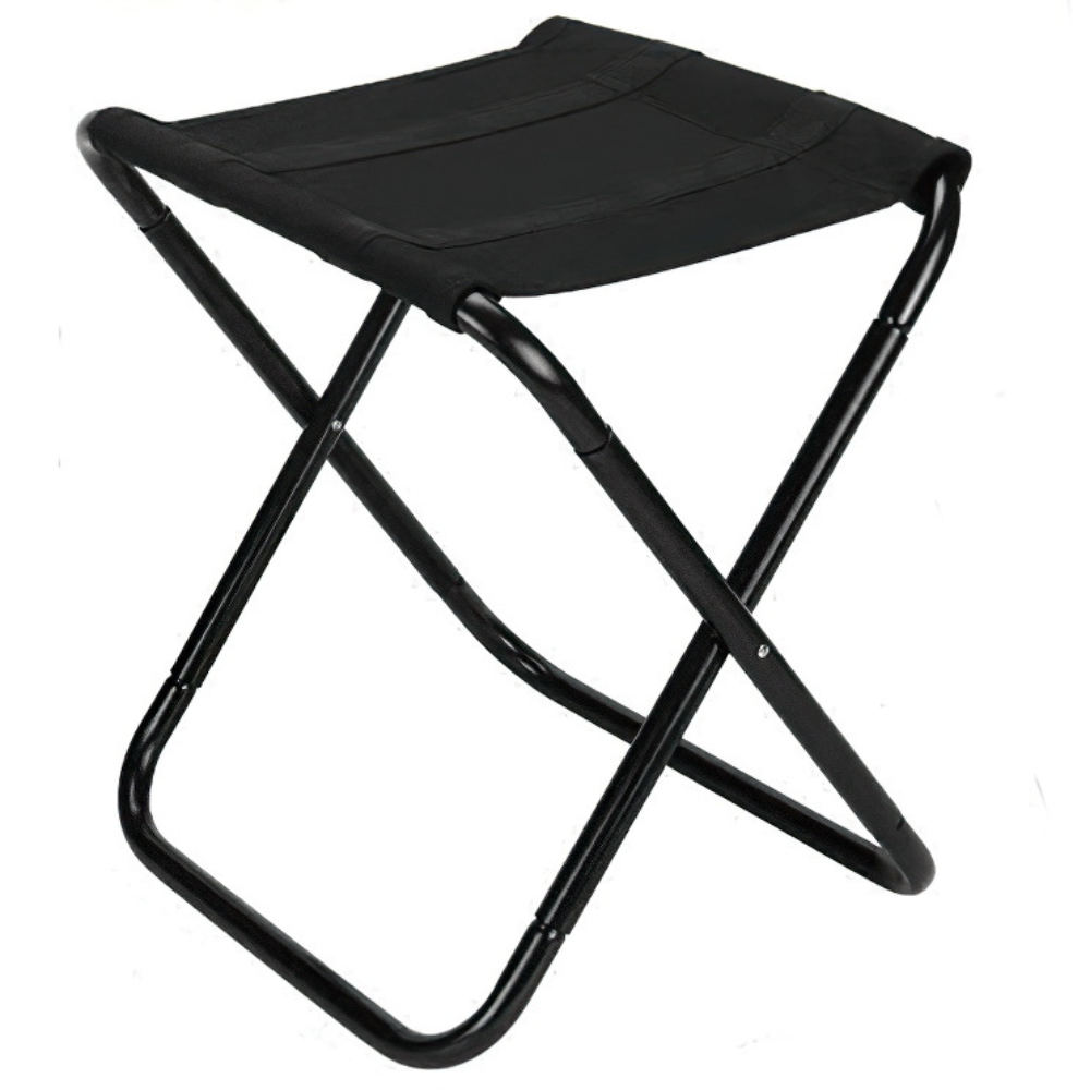 Fitlybuy ultra-compact, all-black foldable camping stool with a lightweight metal frame on a white background.